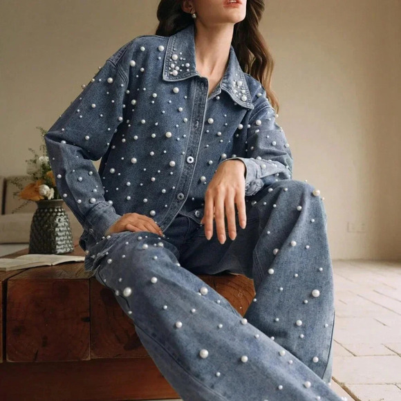 Blue Casual Women's Pearl and Rhinestone Decorated Button-Up Long Denim Blouse - Picture 5 of 7